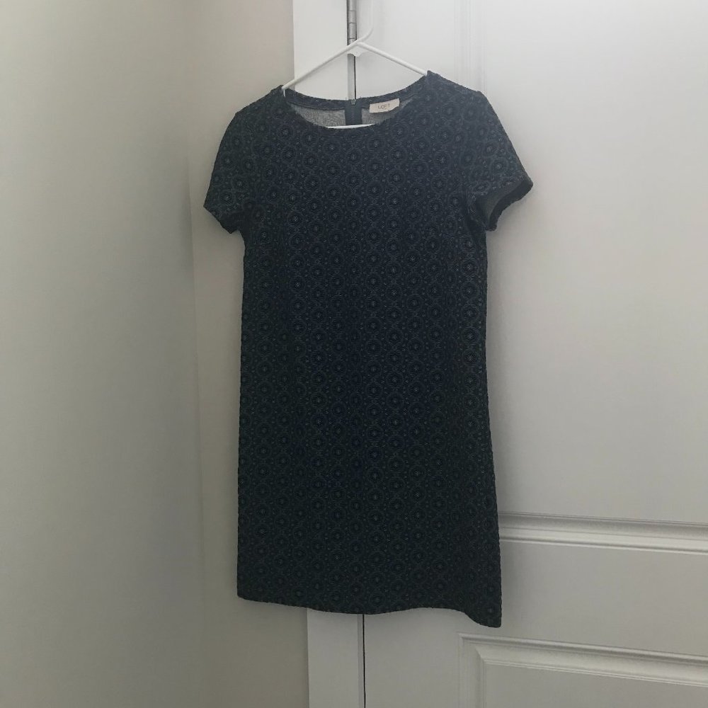 Loft small blue and black print work dress